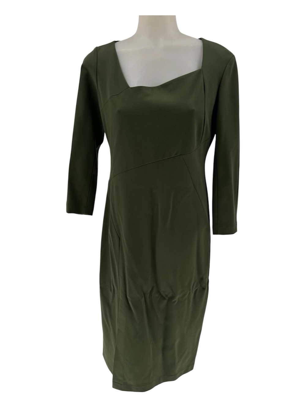 Lafayette 148 NY Olive Green Asymmetric Neck Sheath Dress Sz 2 Preppy Minimalist